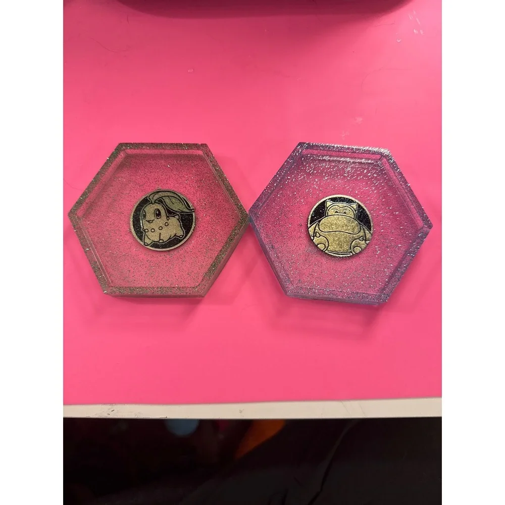 Pokemon Resin Coaster Set Snorlax Chikorita Glitter Hexagon Jewelry Dish